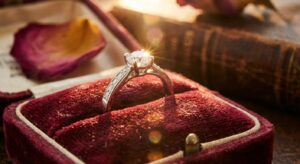 Symbolbild Verlobungsring funkelnd auf Samtuntergrund