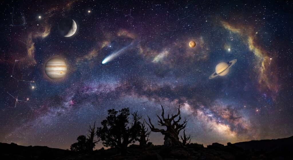 Funkelnde Sterne und Planeten am Nachthimmel, symbolisieren kosmische Anfänge