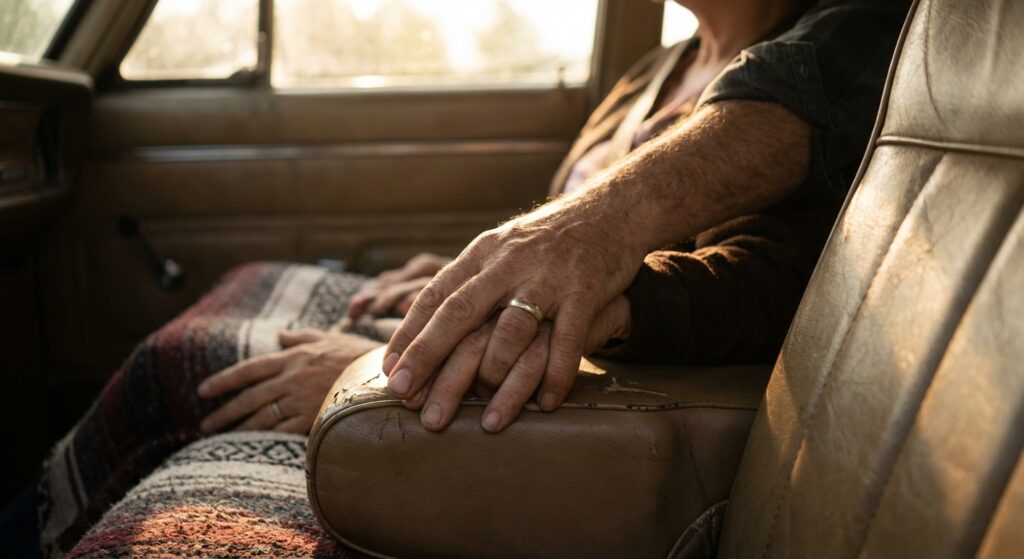 Zwei Hände, die sich zart auf einem Autositz berühren