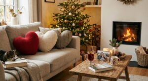 Weihnachtliches Wohnzimmer mit Herz-Kissen, Weihnachtsbaum und Glühwein – symbolisch für Familienzusammenhalt
