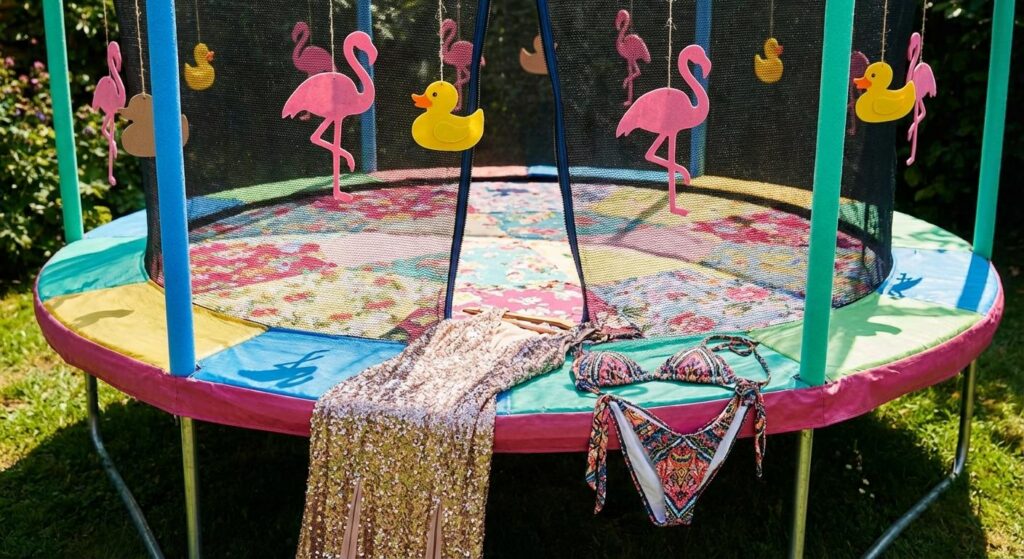 Symbolbild: Glamouröser Kleidungsstil auf Trampolin, symbolisch für Modebruch und Spaß