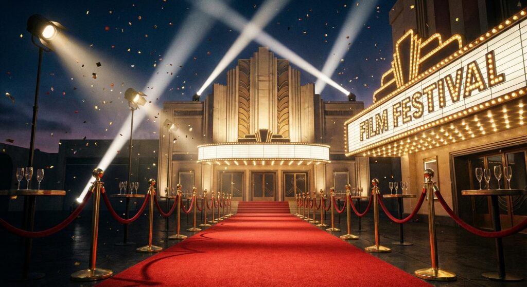 Symbolbild roter Teppich mit Scheinwerferlicht und Glamour-Atmosphäre