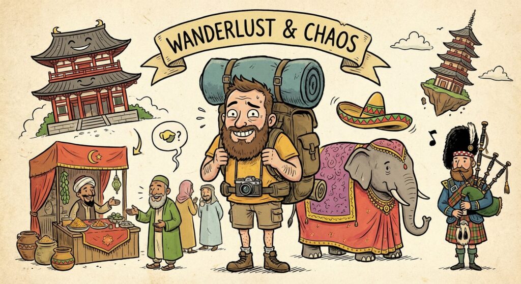Kulturelle Fettnäpfchen als Abenteuer – humorvolle Darstellung eines Reisenden umgeben von kulturellen Symbolen