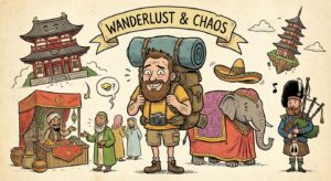 Kulturelle Fettnäpfchen als Abenteuer – humorvolle Darstellung eines Reisenden umgeben von kulturellen Symbolen