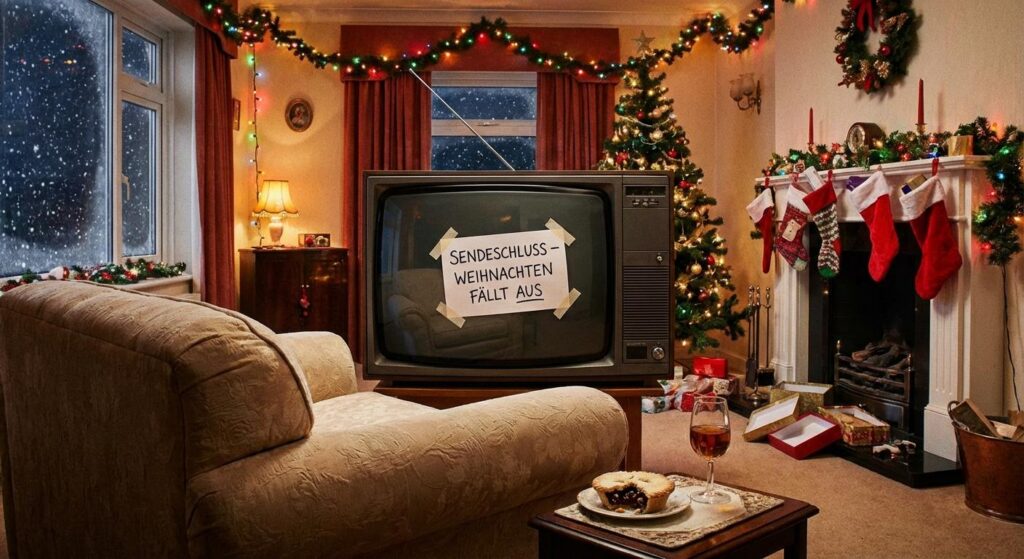 Leeres Sofa vor ausgeschaltetem Fernseher und Weihnachtsdeko – symbolisch für Winterpause der heute‑show