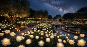 Illuminierter Rosengarten bei Nacht, unter sternenklarem Himmel.