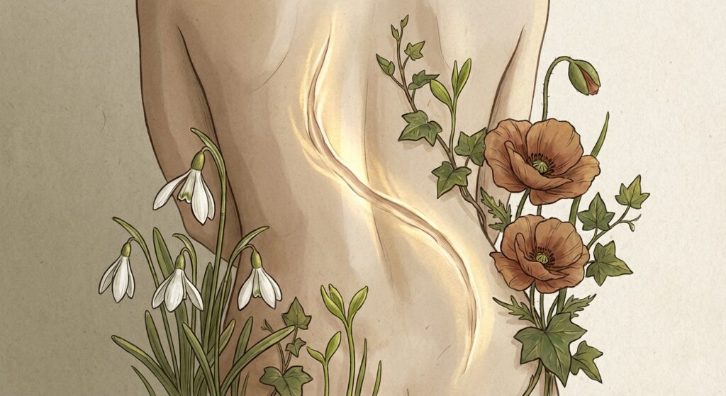 Symbolische Darstellung einer Narbe umgeben von floralen Elementen