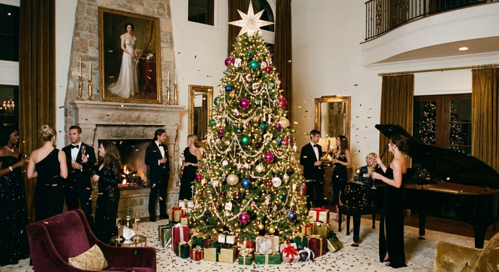 Prächtig geschmückter Weihnachtsbaum in luxuriösem Ambiente, der die Weihnachtsdekoration der Prominenten darstellt.