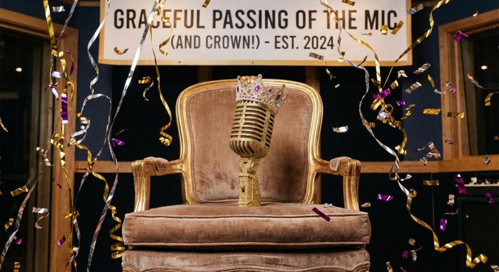 Goldenes Mikrofon auf königlichem Thron mit herabfallendem Konfetti, symbolisch für Podcast-Thronwechsel