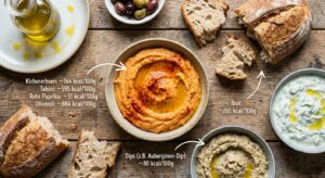 Gerösteter Paprikahummus mit frischem Brot und Dips