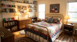 Ein nostalgisches Gästezimmer im Stil der 90er mit Erinnerungsstücken und Vintage-Möbeln