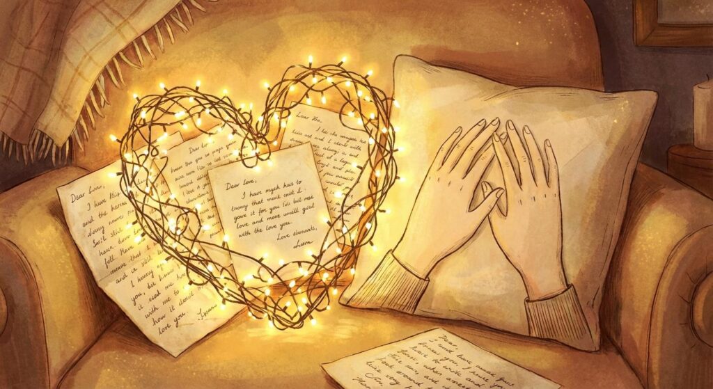 Lichterkettenherz auf Sofa als Symbol für Liebe und Hochzeit – romantisch, warmhell