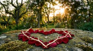 Romantisches Rosenherz im Garten zur Verlobungs-Symbolik