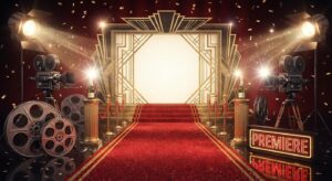 Symbolischer roter Teppich mit Kameralichtern und Filmrollen, symbolisiert Promi-Premiere