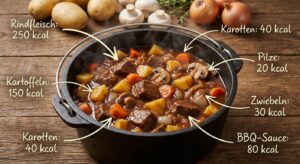 Rustikaler Dutch Oven BBQ-Gulasch auf einem Holztisch