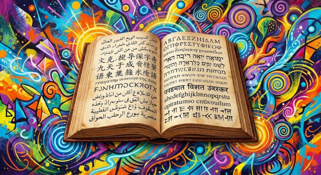 Buch mit verschiedenen Sprachen als Symbol für jungbleibendes Gehirn