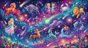 Ein funkelnder Nachthimmel mit Symbolen der Sternzeichen, festliche Atmosphäre