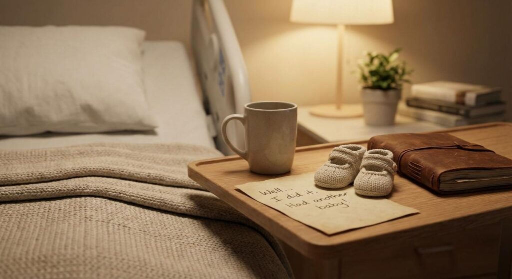 Symbolische Darstellung mit Baby-Schuhen und handgeschriebener Geburtsnotiz – Neues Leben gefeiert