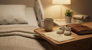 Symbolische Darstellung mit Baby-Schuhen und handgeschriebener Geburtsnotiz – Neues Leben gefeiert