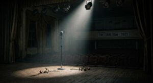 Symbolische Bühne mit Mikrofon im Spotlight, leere Bühne ohne Personen