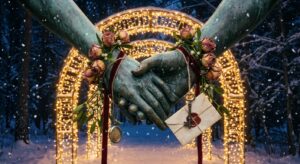 Symbolische verschlungene Hände vor winterlicher Weihnachtsbeleuchtung – Hochzeit Weihnachten