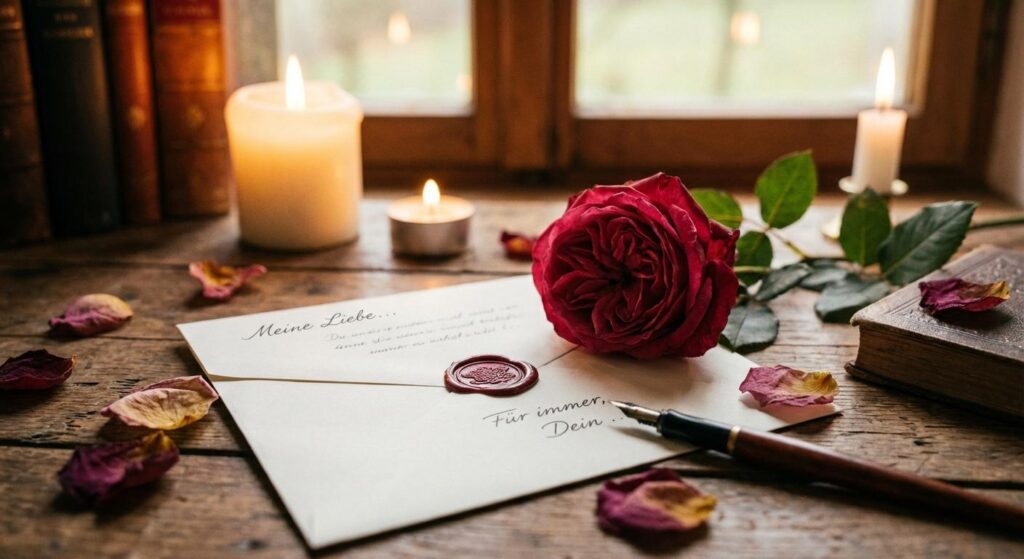 Ein symbolisches Foto: Ein geöffneter Liebesbrief liegt neben einer Rose auf einem Holztisch – romantisch und stimmungsvoll