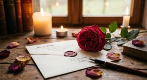 Ein symbolisches Foto: Ein geöffneter Liebesbrief liegt neben einer Rose auf einem Holztisch – romantisch und stimmungsvoll
