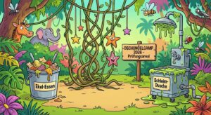 Symbolisches Dschungelcamp mit Lianen, Prüfungsutensilien und tropischer Atmosphäre