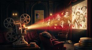 Symbolisches Licht eines alten Filmprojektors in einem dunklen Kino – nostalgisch und elegant