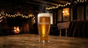 Guinness-Bierglas auf Holztisch im Pub – royaler Biergenuss symbolisch dargestellt