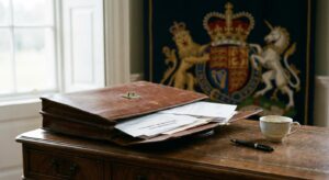 Symbolbild verlassene PR-Aktenmappe vor royaler Krone – Royal PR Drama Bild