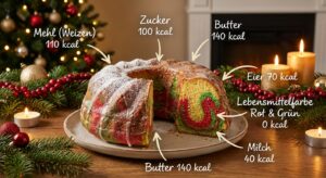 Weihnachtlicher Marmorkuchen mit roten und grünen Wirbeln, umgeben von festlichen Dekorationen