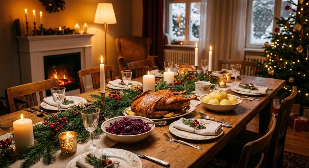 Festliche Weihnachts-Tafel mit Ente und Rotkohl, symbolisch für deutsche Weihnachtstradition mit kulinarischem Akzent