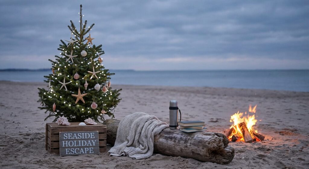 Strandszene mit Weihnachtsdekoration als symbolische Flucht aus dem Festtagstrubel