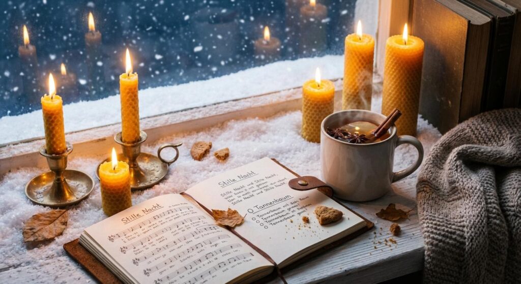 Winterabend mit Kerzen, Apfelpunsch und Notizbuch – symbolisch für Weihnachts-TV-Comeback