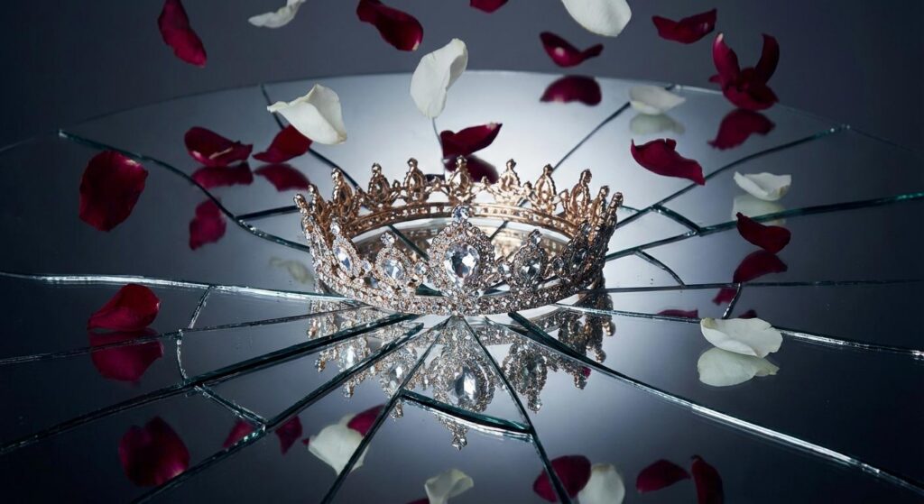 Symbolbild: Glamouröse Krone auf zerbrochenem Spiegel mit fallenden Blütenblättern
