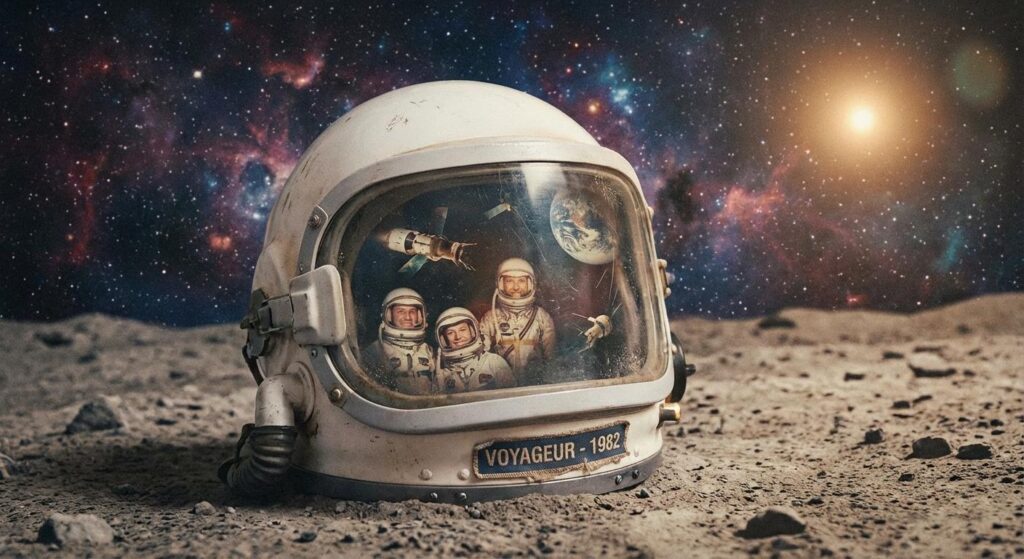 Symbolischer Raumhelm vor Sternenhimmel – Weltraum Nostalgie