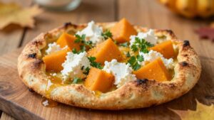 Flammkuchen mit Kürbis und Ziegenfrischkäse