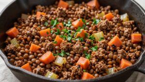 Linsen-Hackfleisch-Pfanne mit Gemüse und Petersilie