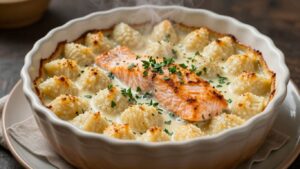 Gnocchi-Lachs-Auflauf in einer Auflaufform