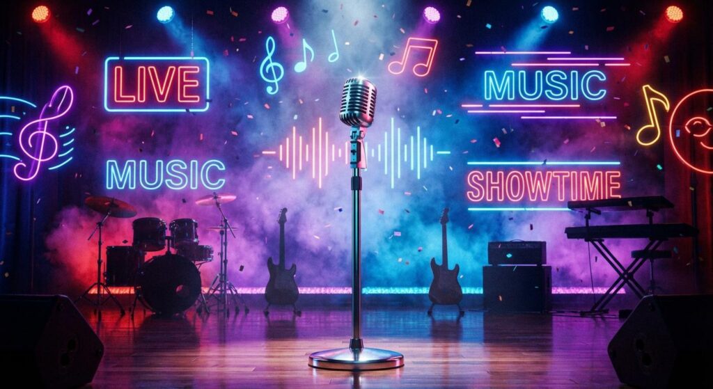 Symbolische Bühne mit Mikrofon und Neonlichtern, SNL Stimmung