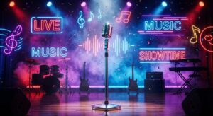 Symbolische Bühne mit Mikrofon und Neonlichtern, SNL Stimmung