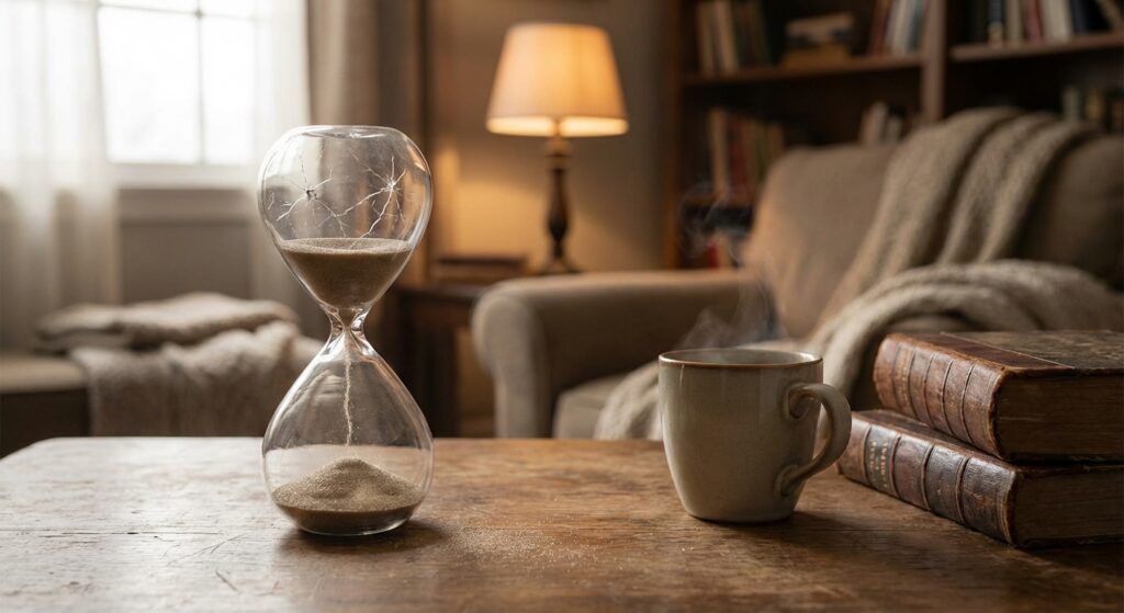 Sanduhr mit Rissen und auslaufendem Sand