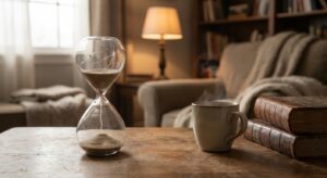 Sanduhr mit Rissen und auslaufendem Sand