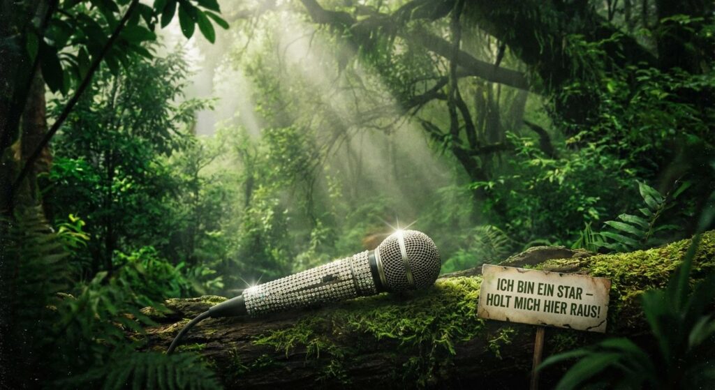 Symbolische Darstellung eines leuchtenden Mikrofons im Dschungel für Dschungelcamp Teilnahme