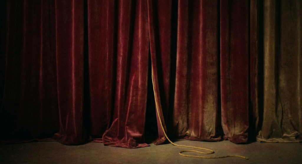 Symbolischer roter Vorhang mit goldenem Faden – eleganter Abschiedserinnerung an Valentino