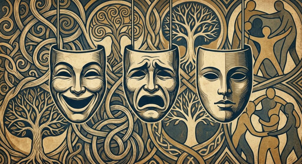 Illustration von drei Masken, die emotionale Rollen symbolisieren