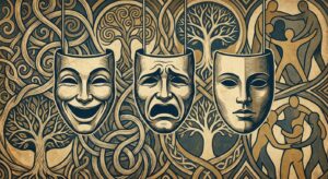 Illustration von drei Masken, die emotionale Rollen symbolisieren