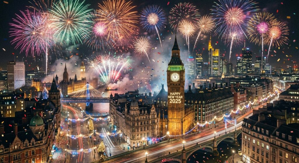 Ein prächtiges Feuerwerk, das den Himmel bei Nacht erleuchtet, symbolisiert den Start ins neue Jahr 2026.