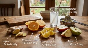 Frisch geschnittene Zutaten für Ingwer Shot auf Holztisch